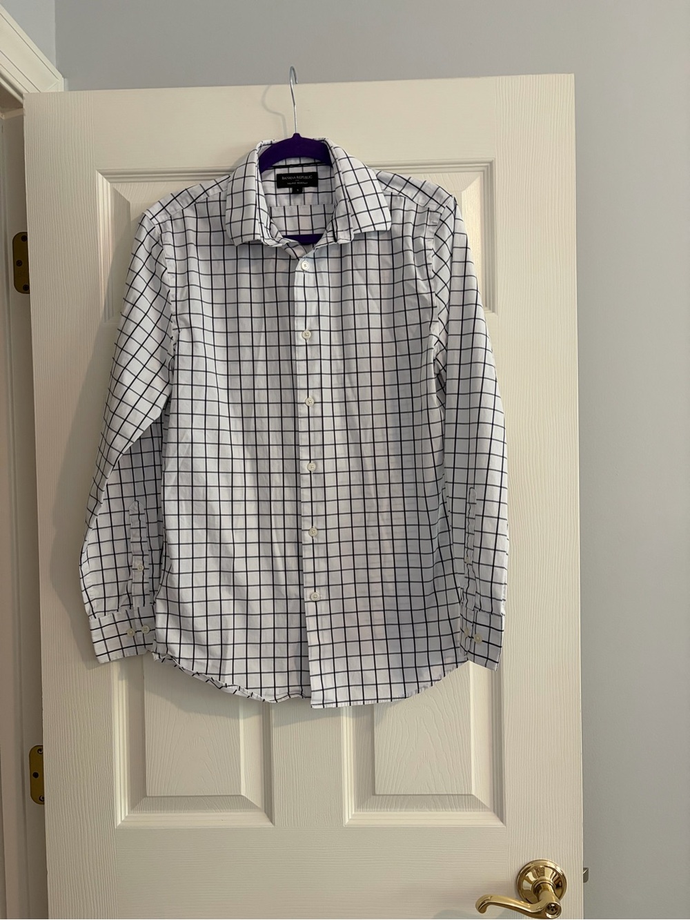 Banana Republic White Button-Down Shirt with Navy Grid